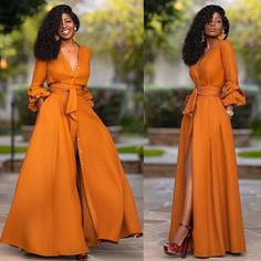 Cardigan Dress, Afrikaanse Mode, Party Dress Long Sleeve, Split Maxi Dress, Belted Shirt Dress, Women Maxi, Long Sleeve Midi Dress, Dress With Cardigan, Orange Dress