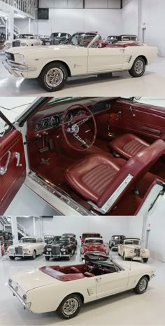 the interior and exterior of an old car in two different pictures, one is white with red leather