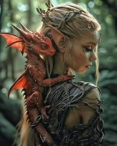 a woman with braids and a dragon on her head is in the middle of a forest