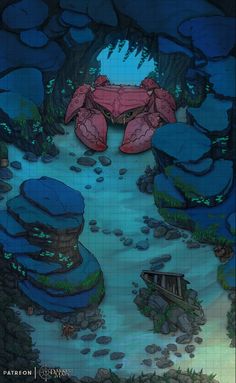 an image of a cartoon scene with rocks, water and a crab on the shore