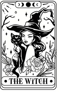 a black and white drawing of a witch holding a cat