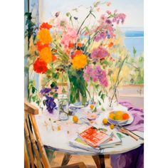 a painting of flowers in a vase on a table next to an orange and purple flower arrangement