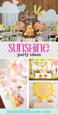 a pink and yellow birthday party with cupcakes, cake and other desserts