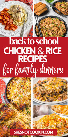 Photo collage of chicken and rice dinners with text overlay. Dinner Ideas With Chicken And Rice, Chicken And Rice Meals Easy, Cooked Chicken And Rice Recipes, Chicken Over Rice Recipes, Rice Meals Dinners, Dinners With Rice, Chicken Rice Recipes Easy, Honey Garlic Chicken And Rice, Easy Chicken And Rice Recipes