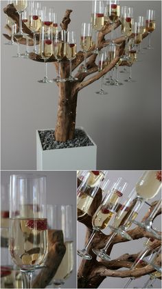 there is a tree that has many glasses in it and some are filled with champagne