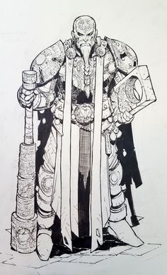 a black and white drawing of a man in armor holding two large objects on his arm