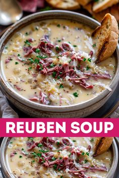 Warm up with a bowl of Creamy Reuben Soup! 🍲🥪 Packed with corned beef, sauerkraut, and Swiss cheese, it’s the perfect twist on the classic sandwich! Keto Reuben Soup, Corned Beef And Cabbage Soup Crock Pot, Creamy Reuben Soup Recipe, Food With Sauerkraut, Ruben Soup Creamy Crockpot, Reuben In A Bowl Low Carb, Corned Beef Recipes Slow Cooker Reuben, Soups With Roast Beef, Corn Beef Soup Recipes