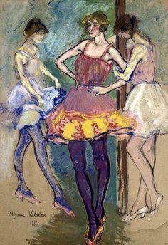 a drawing of three ballerinas standing in front of a mirror with their hands on their hips