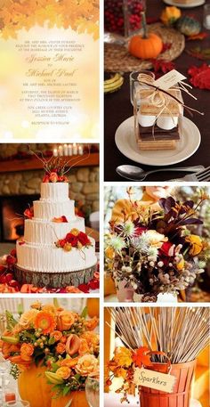 a collage of photos with pumpkins, flowers and other things in them on the table