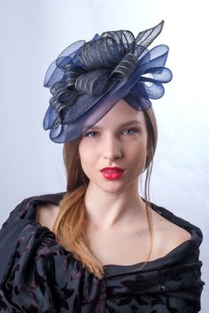 Blue fascinator hat which can be worn at Melbourne cup, Kentucky derby or Royal Ascot race course, Wonderful Wedding guest headpiece and Amazing Haute Couture Tea party Fascinator hat, Church hat, Navy fascinator hat.This gorgeous evening cocktail blue hat is made on black headband from navy blue sinamey base with royal blue tule and wide navy ribbon with old gold stripes.This headpiece is only one available OOAK.It is suitable for ALL HEAD SIZES.All deliveries are made by TNT or FedEx so it is Royal Ascot Evening Fascinator With Structured Crown, Evening Pinched Crown Headpiece For Kentucky Derby, Evening Headpiece With Pinched Crown For Kentucky Derby, Evening Fascinator With Pinched Crown For Kentucky Derby, Royal Ascot Evening Mini Hat With Pinched Crown, Blue Fitted Sinamay Fascinator, Evening Hat Fascinator For Royal Ascot, Kentucky Derby Evening Fascinator Headband, Kentucky Derby Evening Headband Fascinator