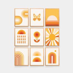 six squares with different designs on them, each featuring an orange sun and a butterfly