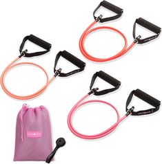 four exercise resistance bands with carrying bag and straps in various colors on a white background