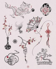 Year Of The Bunny Tattoo, Year Of The Cat Tattoo, Pisces Flash Tattoo, Koi Fish Fan Tattoo, Japanese Filler Tattoo Ideas, Chinese Lanterns Tattoo, Japanese Knot Tattoo, Japanese Tattoo Fine Line, Chinese Takeout Tattoo