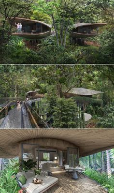 two images show the inside and outside of a house in the woods, with people walking around