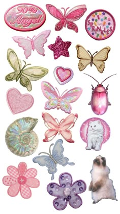 a bunch of different types of magnets on a white background with butterflies and hearts