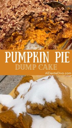 this pumpkin pie is made with pudding and topped with crumbled toppings, it's ready to be eaten