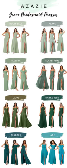 the different types of dresses are shown in this graphic style, including green and blue