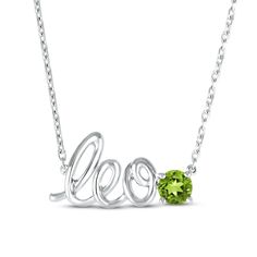 This stellar necklace features "Leo" spelled out in swirling sterling silver letters. A peridot punctuates the word art, adding eye-catching color. The pendant suspends from an 18-inch cable chain that secures with a lobster clasp. Leo Necklace Zodiac, Leo Necklace, Zodiac Leo, Necklace Clasps, Peridot Stone, Kay Jewelers, White Necklace, Gold Letters, Accessories Jewelry Necklace