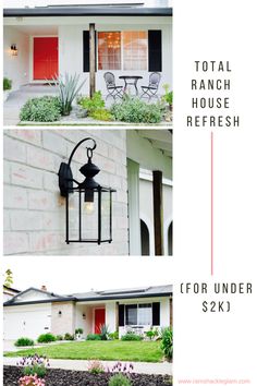 two pictures of the front and side of a house with red doors, windows, and landscaping