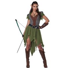 a woman dressed in a costume holding a bow and arrow with both hands on her hips