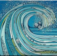 a drawing of a wave in the ocean with lots of bubbles and stars on it