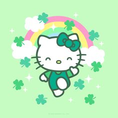 a hello kitty wallpaper with shamrocks and clover leaves on it's back