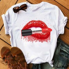 Olivia Mark - Womens Red Lips Print Casual O-Neck T-Shirts for Everyday Wear Gold Lips, Black Lips, Lip Designs, Lips Print, Pink Leopard Print, Short Sleeve Pattern, Hipster Fashion, Casual Design, Wearing Red