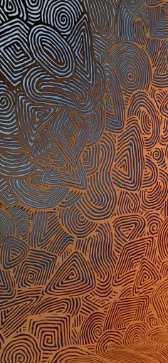 an abstract painting with blue and orange lines on it's surface, as if in the form of waves