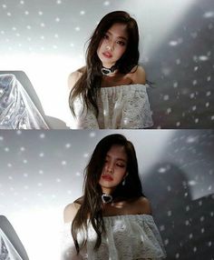 two pictures of a woman with long hair in white top and snow falling on her face