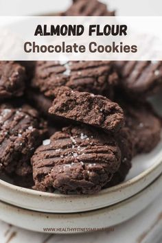 chocolate cookies on a plate with text overlay that reads, almond flour chocolate cookies