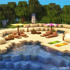 (2) I transformed a desert island into a summer resort. : Minecraftbuilds Minecraft Beach House Decor, Mincraft Idea Houses Beach, Minecraft Beach Hut Ideas, Outdoor Patio Ideas Minecraft, Beach In Minecraft, Minecraft Beach Building Ideas, Beach Decor Minecraft, Minecraft Beach Path, Minecraft Beach Terraforming