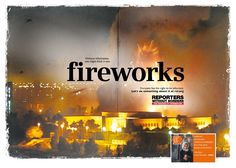 the front page of a magazine with an image of fireworks in the sky behind it