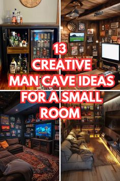 Think a small space can’t become the ultimate man cave? Think again! With these 13 creative ideas, you can transform even the tiniest room into your personal retreat. From wall-mounted TVs and compact recliners to clever storage solutions like hidden ottomans and bar carts, these tips maximize style and functionality. Whether it’s for gaming, relaxing, or showcasing your favorite gear, these ideas prove size doesn’t limit possibilities. Check out all 13 in the blog post! Music Man Cave Ideas, Stylish Man Cave, Man Cave Organization Ideas, Bedroom Man Cave Ideas, Small Loft Movie Room Ideas, Tactical Man Cave, Mens Living Room Ideas Apartments Small Spaces, Man Cave Ideas Room Small Cheap, Small Man Cave Ideas On A Budget