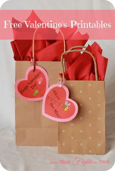 two valentine's day gift bags with hearts on them and the words free valentine's printables