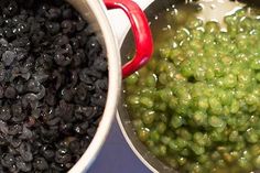 two pans filled with green peas and black beans