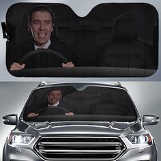 the front and back view of a car with an image of a man driving