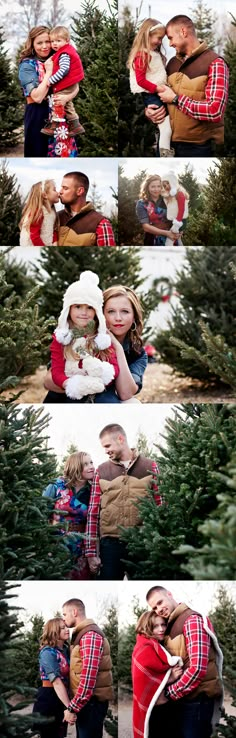 a couple hugging each other in front of christmas trees