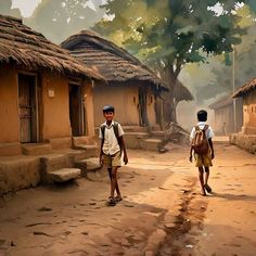 two young boys walking down a dirt road in front of small village houses with thatched roofs