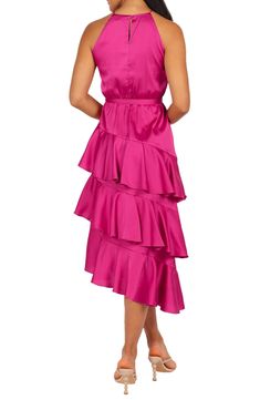 Flamenco-inspired ruffled tiers are sure to put some sashay in your step wearing this party-ready frock crafted of lustrous satin. Back keyhole with button-and-loop closure Square neck Sleeveless, with cutaway shoulders Removable sash Partially lined 100% polyester Hand wash, line dry Imported Dressy Satin Dress With Ruffles, Flirty Tiered Dress With Ruffle Hem For Party, Tiered Midi Dress For Spring Party, Sleeveless Satin Dress With Ruffles, Flirty Tiered Skirt Evening Dress, Pink Tiered Ruffle Dress For Party, Tiered Ruffle Hem Dress For Party, Tiered Ruffle Dress For Party, Tiered Ruffle Dress With Ruffle Hem For Party