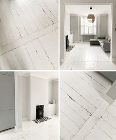 four different shots of white painted floors and walls