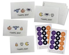 four halloween cards and envelopes with stickers on them, including one that says thanks boo