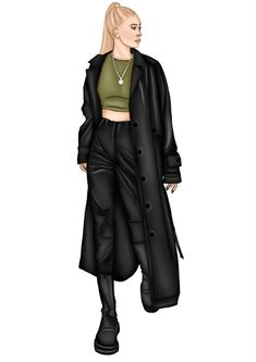 a drawing of a woman with blonde hair wearing black leather pants and a green crop top