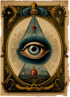 an all seeing eye in the center of a triangle and surrounded by other symbols, on parchment paper