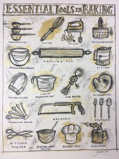 an illustrated poster with different types of kitchen tools on it's side, including baking utensils and spoons