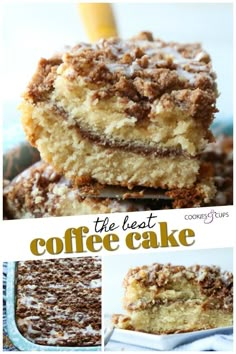 coffee cake with crumbs on top and the words, the last coffee cake