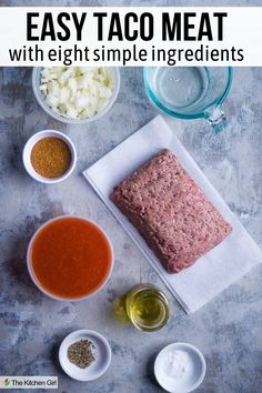 A flat lay of taco meat ingredients: a block of ground meat, chopped onions, spices, tomato sauce, water, oil, and salt. The text reads EASY TACO MEAT with eight simple ingredients. Easy Taco Meat, Homemade Taco Meat, Best Taco Meat, Best Taco Meat Recipe, Cilantro Lime Brown Rice, Taco Meat Recipe, Taco Meat Recipes, Spicy Tacos, Taco Seasoning Packet