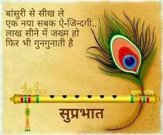 a colorful peacock feather sitting on top of a wooden stick with the words written in hindi