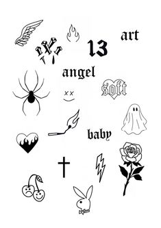 some tattoos are drawn in black and white with the words angel, baby on them