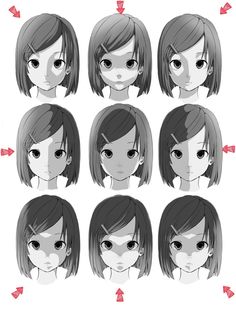 an anime character's face with different facial expressions and haircuts, including the head