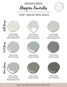 the different shades of gray paint for interior walls and floors, with text that reads behram more designer favorites grey interior paint colors